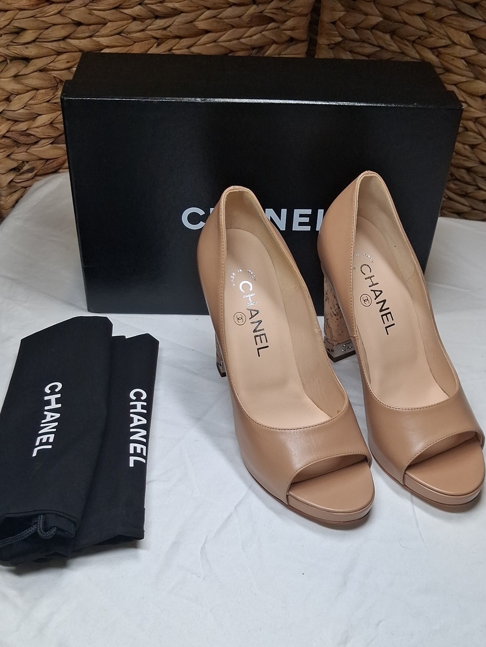 CHANEL Beige Leather Peep-Toe Pumps with Embellished Block Heel